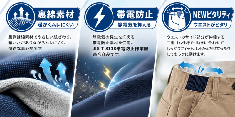 ●裏綿素材（暖かくムレにくい）：肌側は綿素材でやさしい肌ざわり。暖かさがありながらムレにくく、快適な着心地です。●帯電防止（静電気を抑える）：静電気の発生を抑える帯電防止素材を使用。JIS T 8118帯電防止作業服適合商品です。●NEWピタリティ（ウエストがピタリ）：ウエストのサイド部分が伸縮する二重ゴム仕様で、動きに合わせてしっかりフィット。しゃがんだり立ったりしてもラクに動けます。