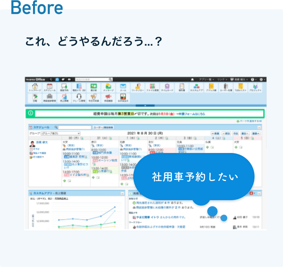 見出し名:Before 説明:これ、どうやるんだろ…? サイボウズOfficeトップページのスクリーンショットと「社用車予約したい」というフキダシ 見出し名:Before 説明:これ、どうやるんだろ…? サイボウズOfficeトップページのスクリーンショットと「社用車予約したい」というフキダシ