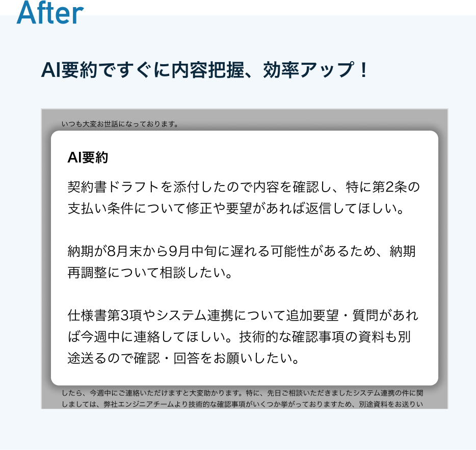 見出し名:After 説明:AI要約ですぐに内容把握、効率アップ! 長文をAI要約機能で短い文章に置き換えられて把握しやすくなっている様子の画像 見出し名:After 説明:AI要約ですぐに内容把握、効率アップ! 長文をAI要約機能で短い文章に置き換えられて把握しやすくなっている様子の画像